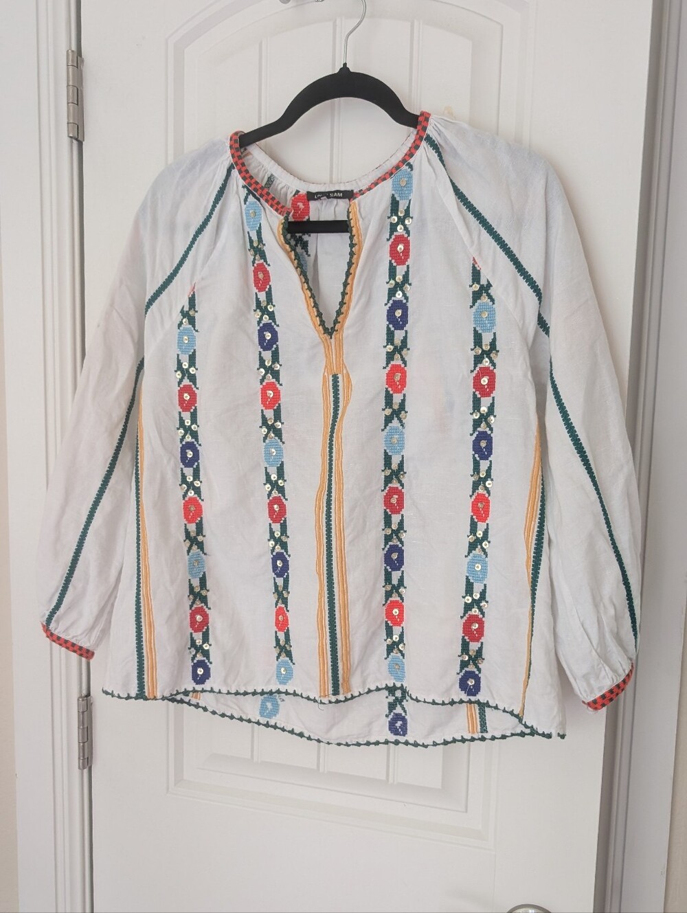 Love Sam Embroidered Peasant Blouse - White with Multicolor Trim Size M